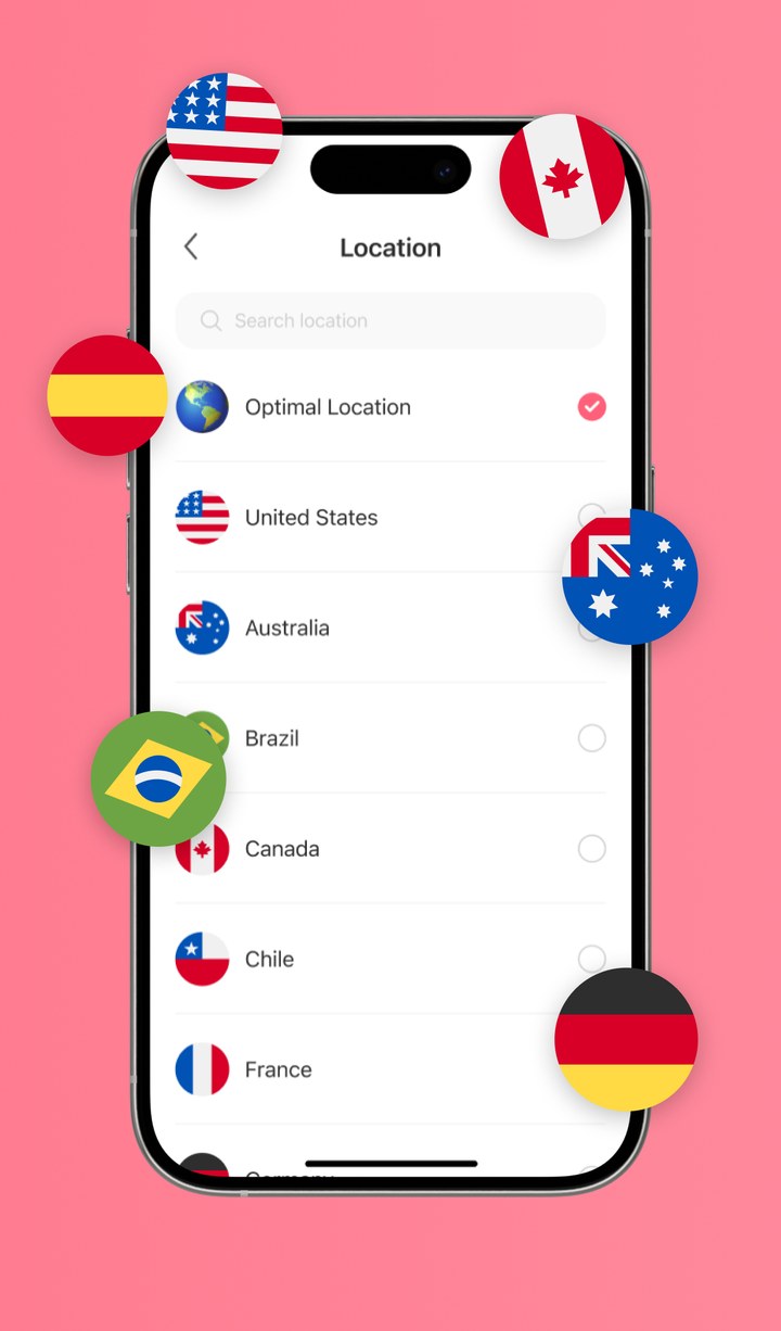 The location list in VPN Protectify, showing Optimal Location selected above United States, Australia, Brazil, Canada, Chile and France.